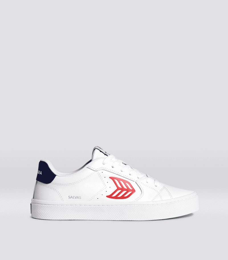 salvas white leather red logo navy sneaker.side view 44c31f7f f6a1 483c 84c8 a89ad92d1f88