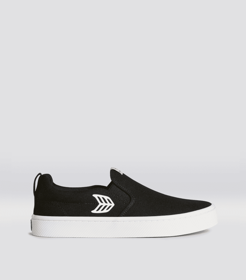 slip on black canvas sneaker.side view