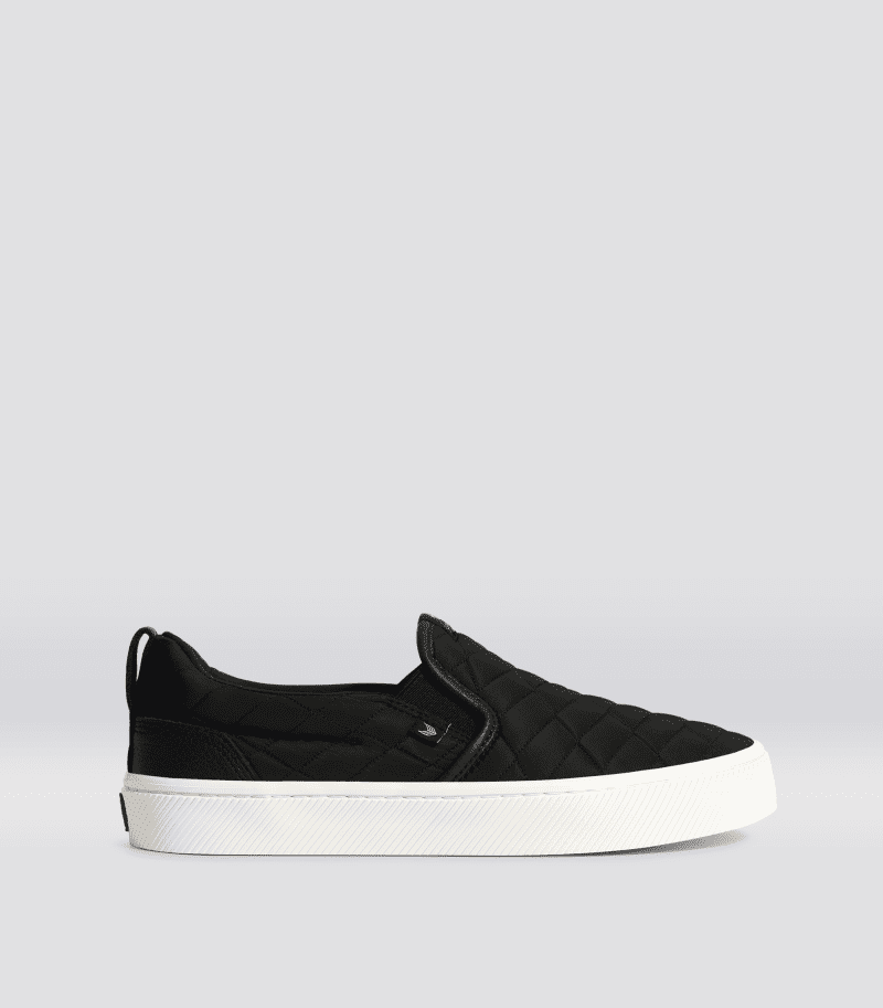 slip on black quilt recycled sneaker.side view